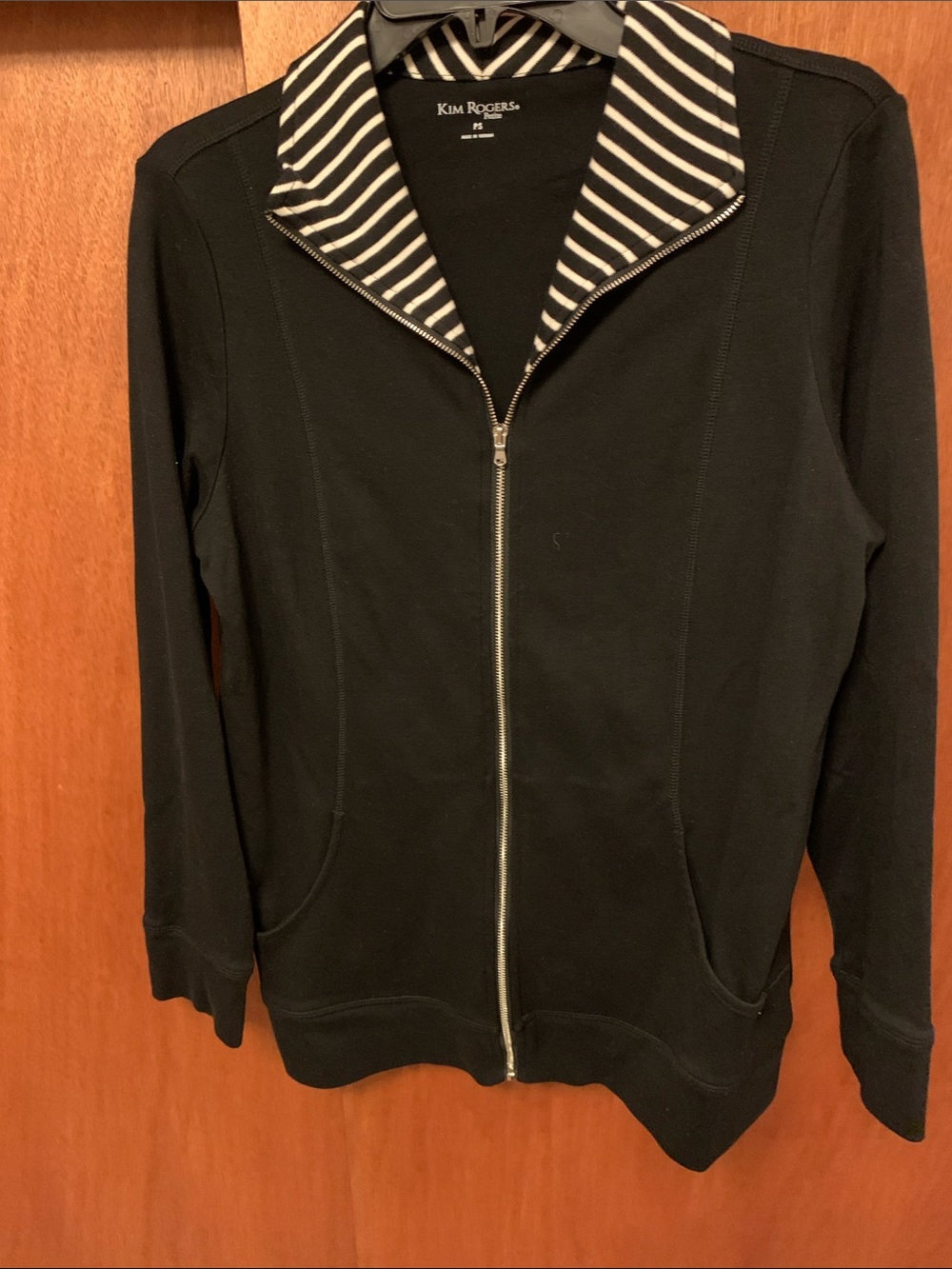 Kim Rogers Black Zip Front Bomber Jacket with Striped Collar